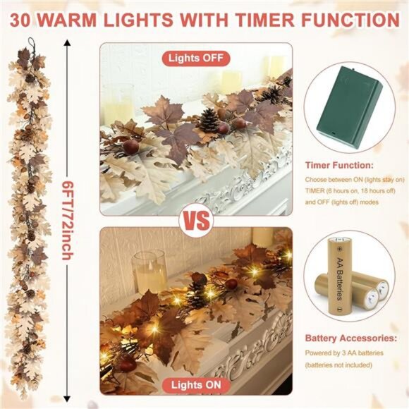 Fall Garland - 6 Ft Maple Leaf Garland with Pinecones - Fall Acorn Leaf - Picture 2 of 7